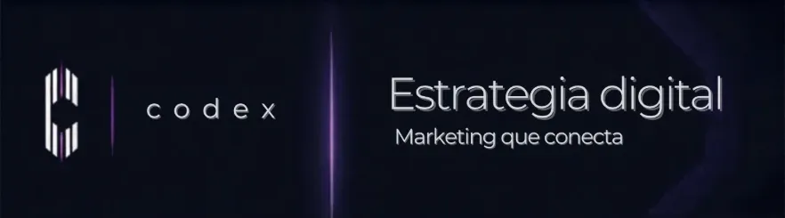 Banner horizontal de Codex: el símbolo y la palabra codex a la izquierda, un haz de luz violeta y el lema Estrategia digital, Marketing que conecta